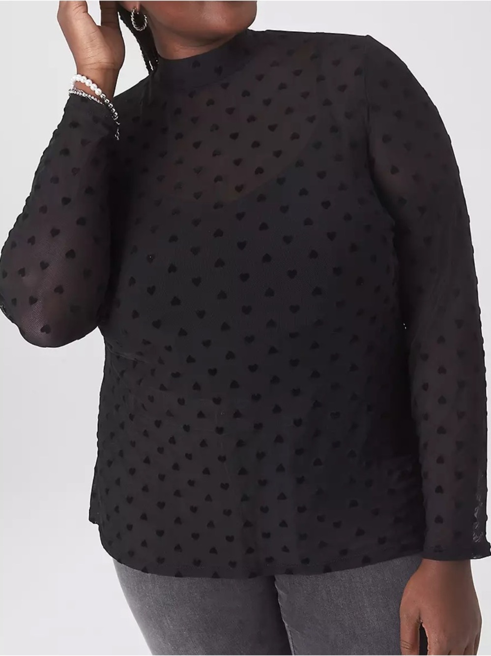 Lane Bryant Black Sheer Mesh Heart Motif Long-Sleeve Top.‎ Size 22/24.
